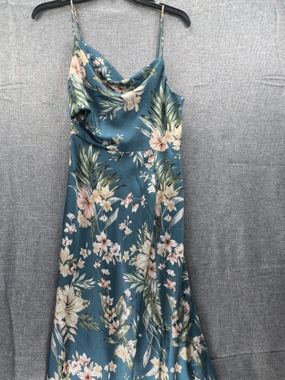 Hello Molly Teal Floral Cowl Midi Dress with Pink Accents